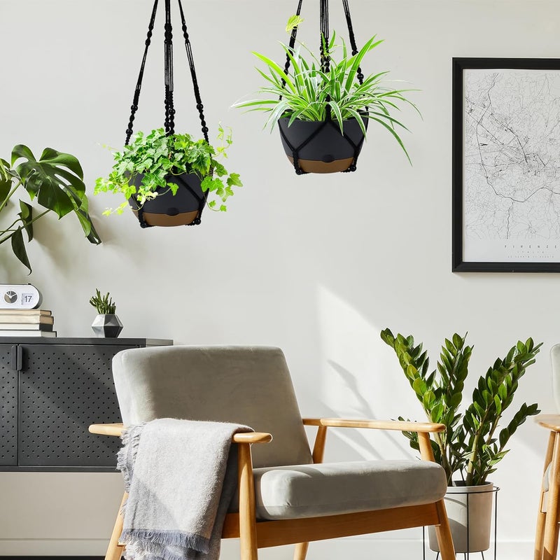 Koalaime 2 Pack Hanging Planters Set,10 Inch Indoor Outdoor Hanging Plant Pot Basket,Hanging Flower Pot with Drainage Hole with 3 Hooks for Garden Home… (Black Hanger Black Planters) - Image 3